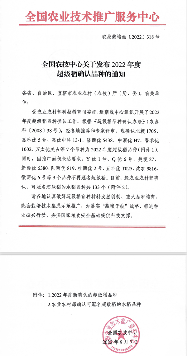 广西农业科学院水稻研究所选育的优质杂交稻万太优美占通过农业农村部超级稻认定